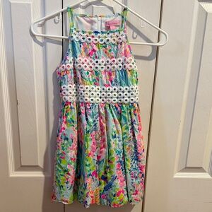 Lilly Pulitzer Girls' Multicolor Floral Halter Dress with White Crochet Bands